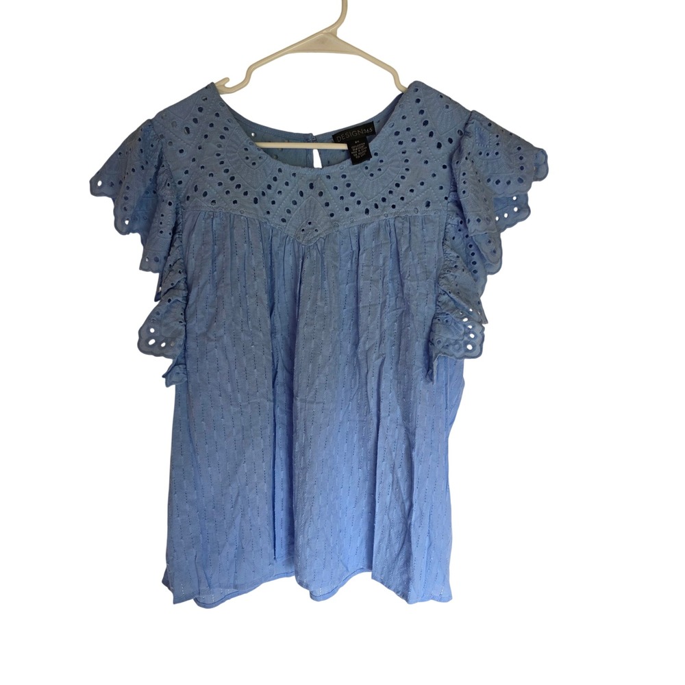 Design 365 Blue Eyelet Flutter Sleeve Cotton Blouse‎ Plus Size 2X Plus Coquette